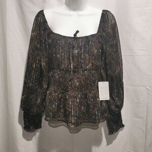 Sheer with Metallic Detail Smocked Waist and Cuff Blouse Size L NWT #198
